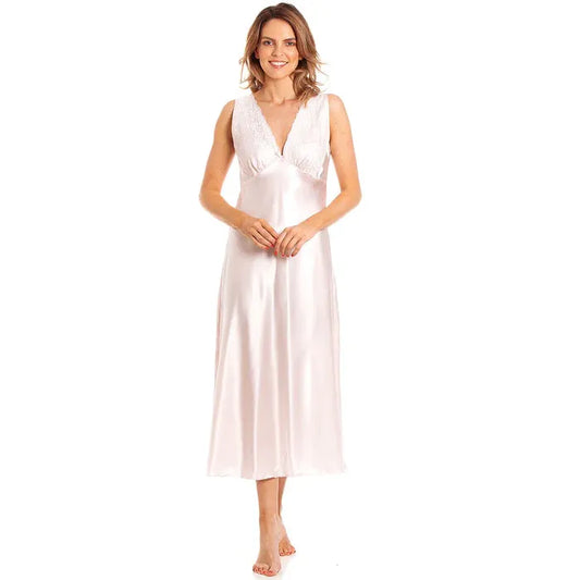 New Ladies Satin Silky Feel Long Nightdress Lace Neckline Sleeveless Chemise
