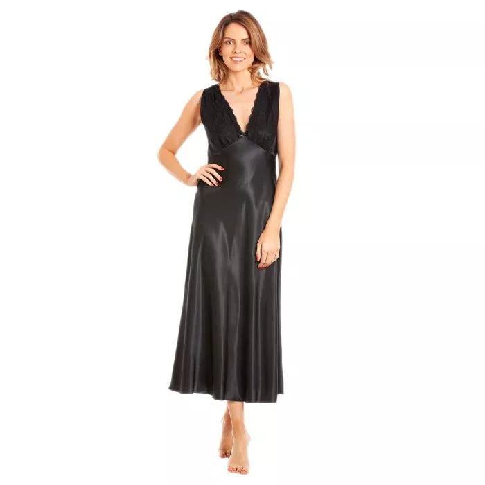 New Ladies Satin Silky Feel Long Nightdress Lace Neckline Sleeveless Chemise