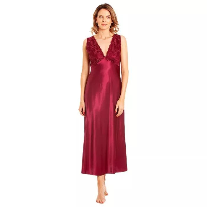 New Ladies Satin Silky Feel Long Nightdress Lace Neckline Sleeveless Chemise