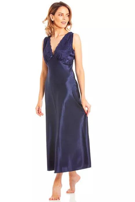 New Ladies Satin Silky Feel Long Nightdress Lace Neckline Sleeveless Chemise