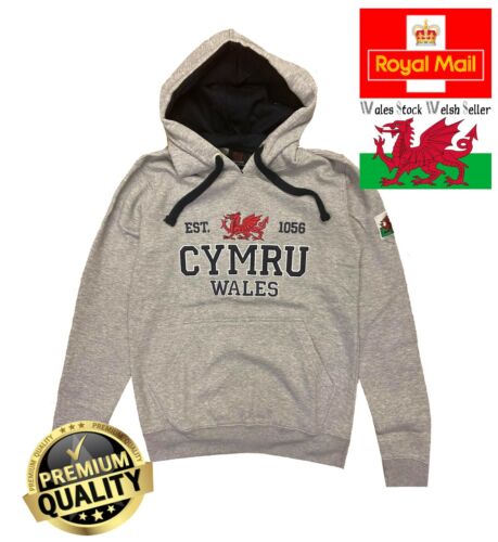 New Men's Wales Cymru Am Byth Arfon Grey Marl Varsity Welsh Flag Hoodie Top
