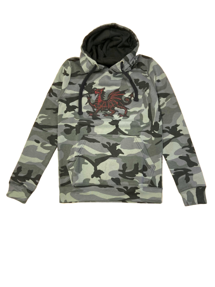 Camo Applique Welsh Dragon Hoodie - in Grey & Black