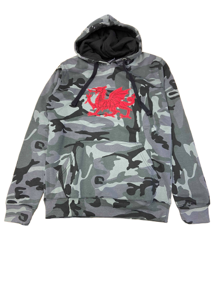 Camo Applique Welsh Dragon Hoodie - in Grey & Red