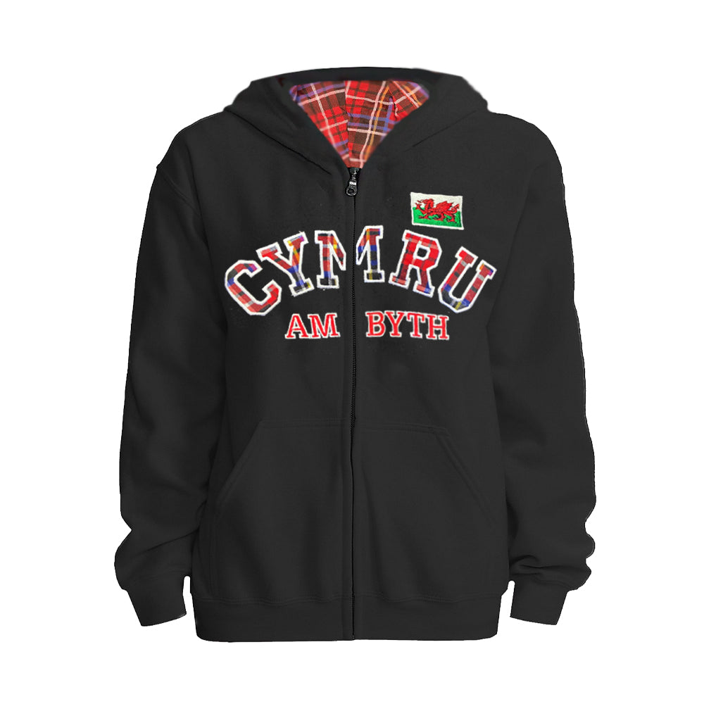 Tartan Check Cymru Zipped Hoodie - In Black