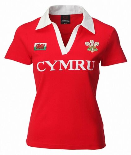 New Ladies Welsh Cymru Classic Rugby V Collar Cotton Polo T-shirt Top Black