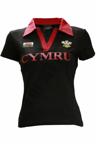 New Ladies Welsh Cymru Classic Rugby V Collar Cotton Polo T-shirt Top Black